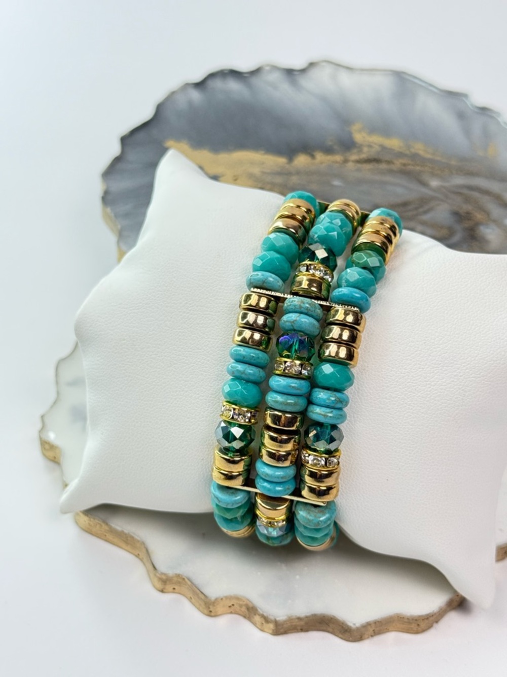 Turquoise Gold Multi Strand Beaded Stretch Bracelet Rhinestone Layered Look NWOT - Picture 2 of 5